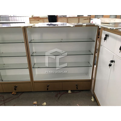 20mm MDF Mobile Phone Display Showcase 3pcs Storages Tempered Glass Top