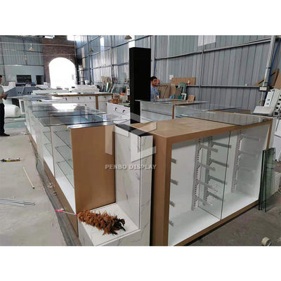 20mm MDF Mobile Phone Display Showcase 3pcs Storages Tempered Glass Top