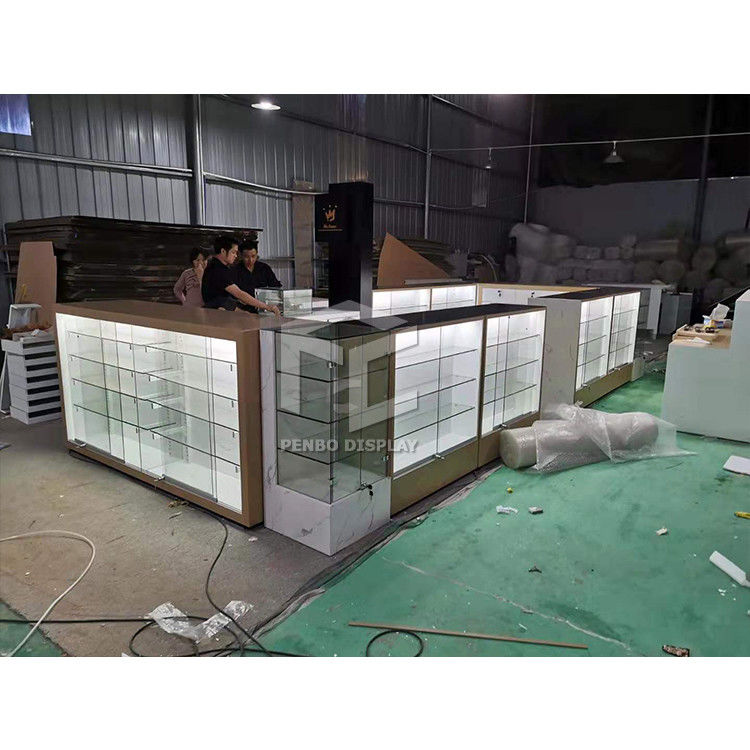 20mm MDF Mobile Phone Display Showcase 3pcs Storages Tempered Glass Top