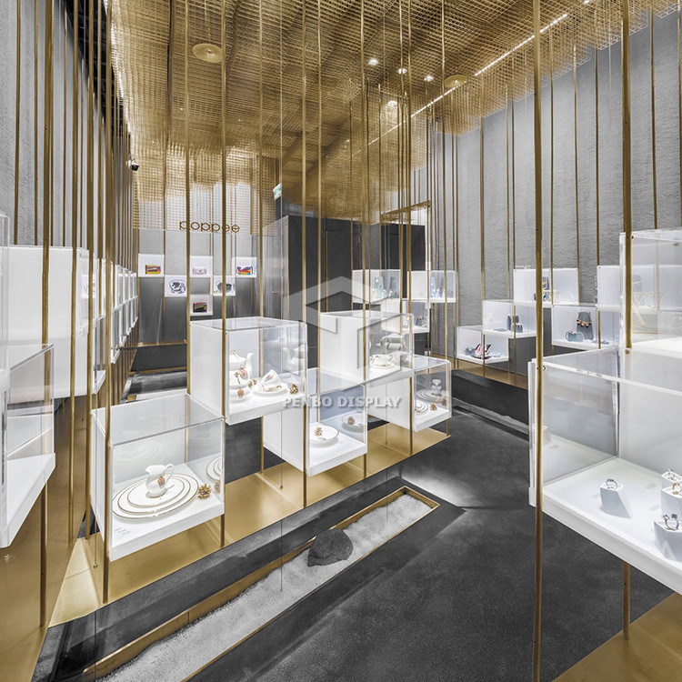 3D Rendering Jewelry Shop Furniture 10mm Thick Glass Jewellery Showroom Furniture Counter